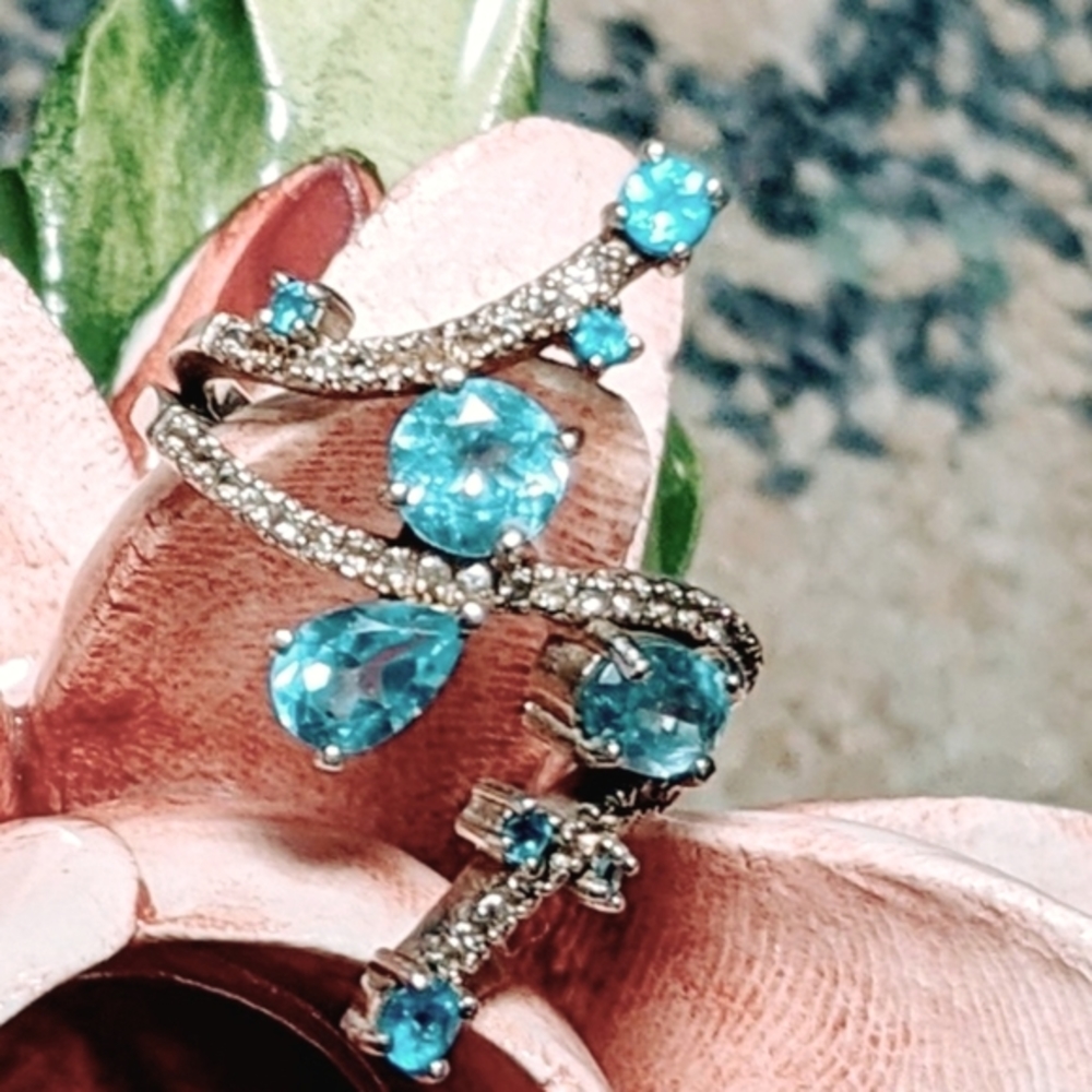 Unique Sterling Ring, Natural Blue Apatite and White Topaz
